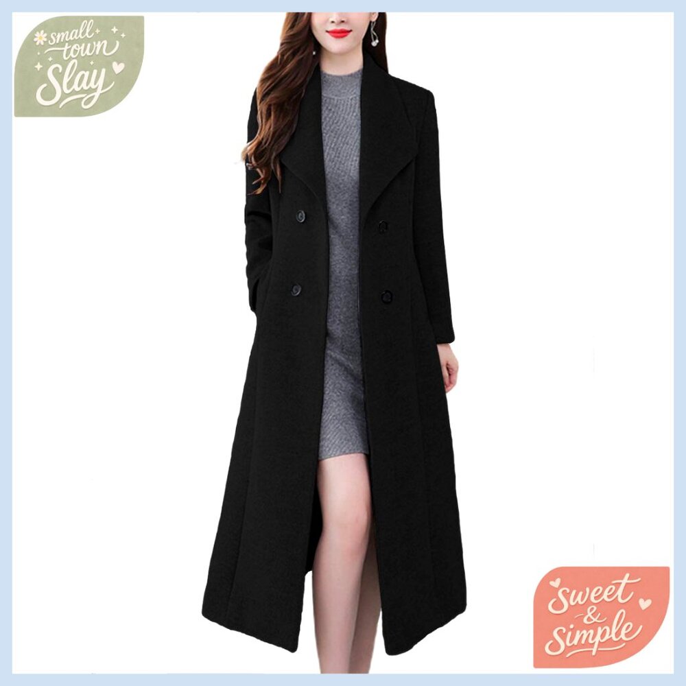 Slim Fit Maxi Wool Pea Coat Shawl Collar Double Breasted Winter Trench